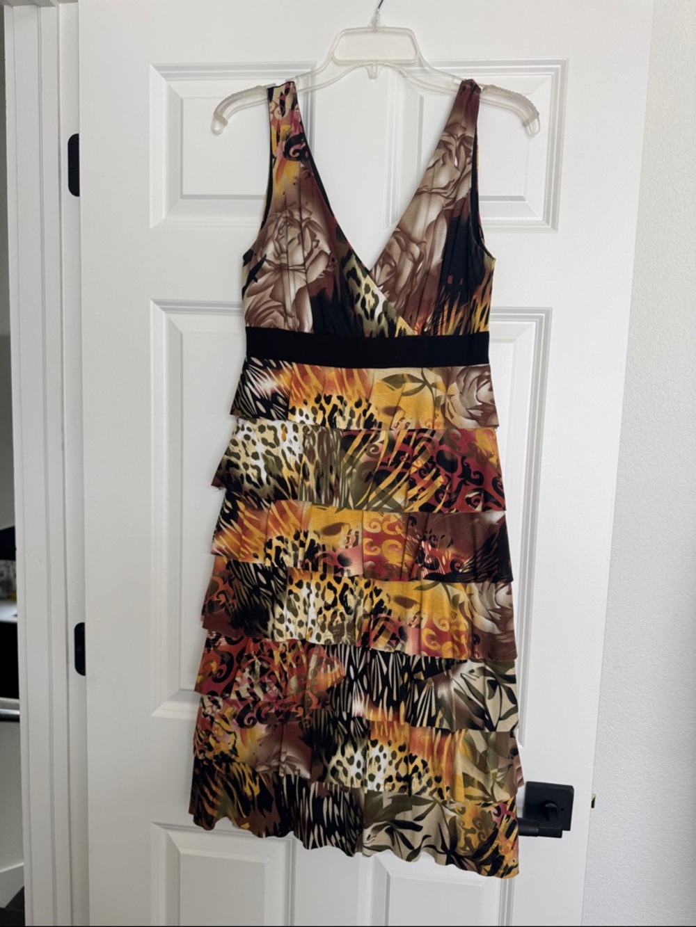 Frank Lyman Design Multi-Print Tiered V-Neck Dress